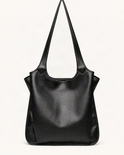 Top-Grain Cowhide Leather Tote Shoulder Bag — straight-on front view on a warm white background