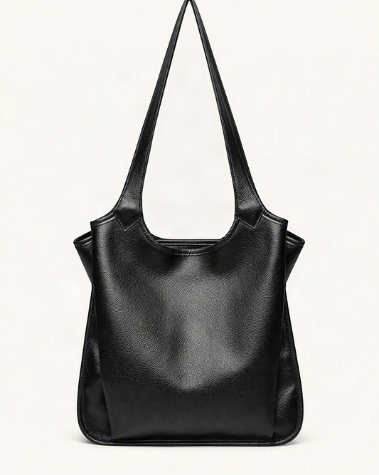 Top-Grain Cowhide Leather Tote Shoulder Bag — straight-on front view on a warm white background