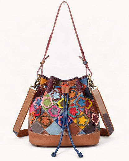 Top-Grain Cowhide Small Bucket Shoulder Bag — straight-on front view on a warm white background