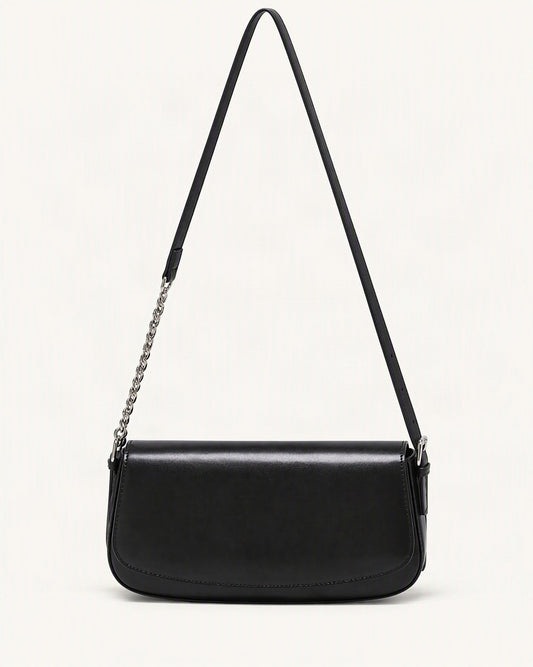 Cowhide Leather Baguette Saddle Shoulder Bag — straight-on front view on a warm white background