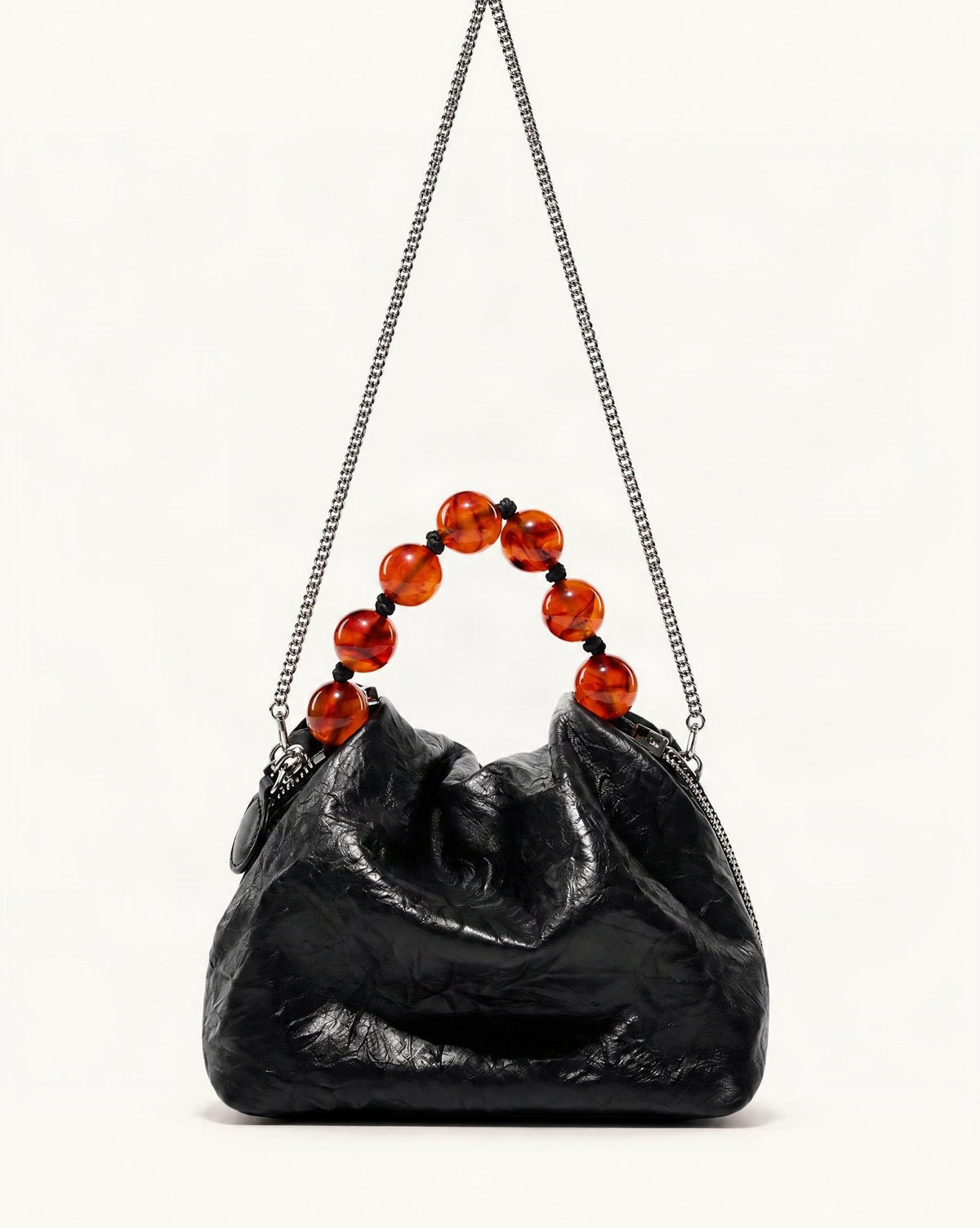 Crinkle Cowhide Mini Crossbody Bag with Beaded Handle — straight-on front view on a warm white background