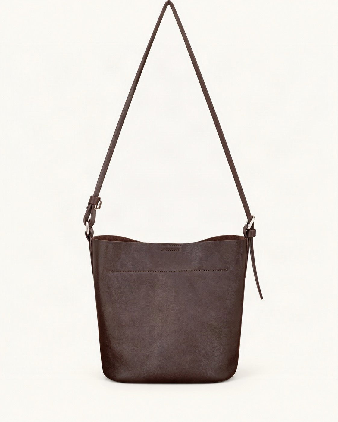 Top-Grain Cowhide Mini Bucket Shoulder Bag — straight-on front view on a warm white background