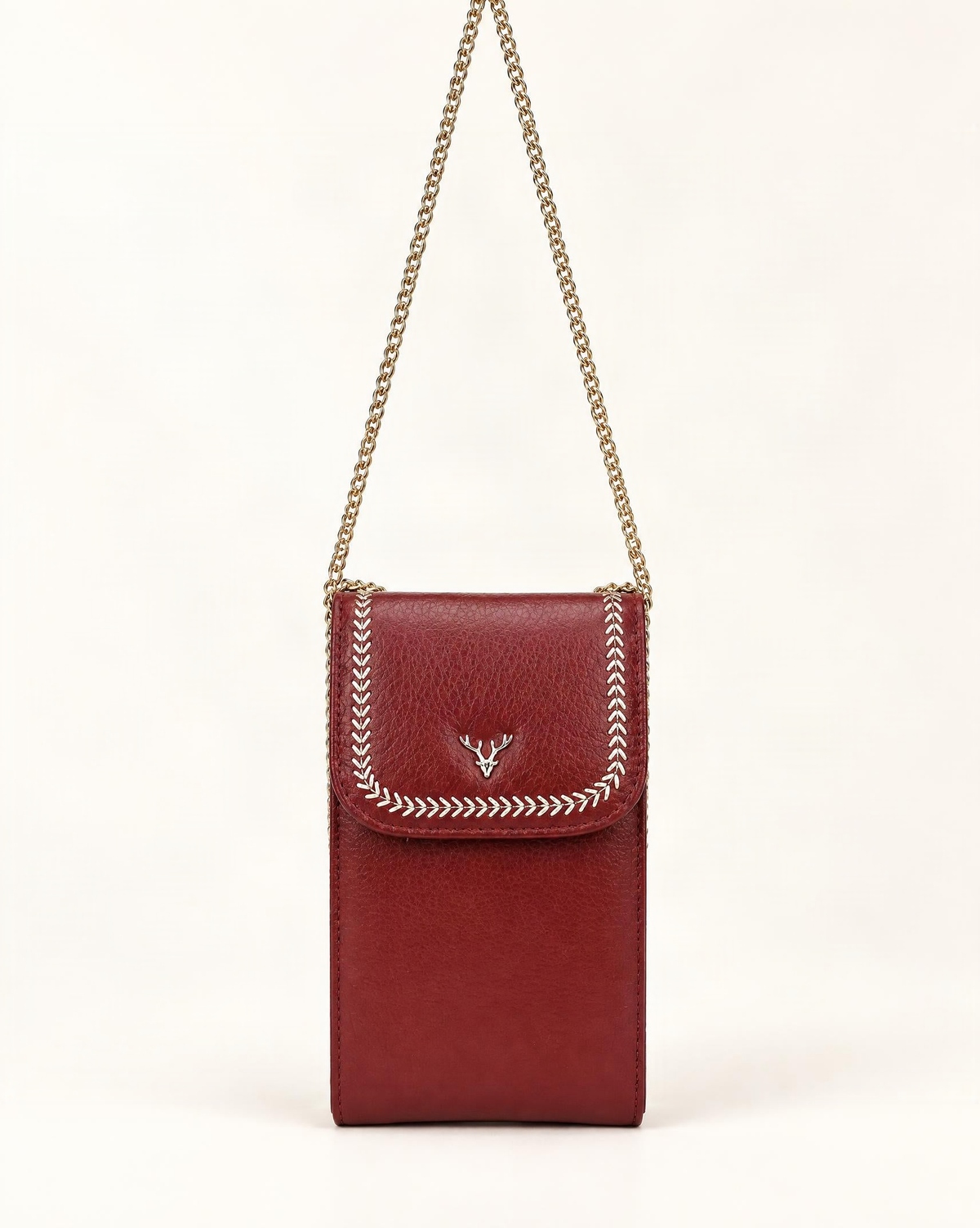 Top-Grain Cowhide Micro Crossbody Phone Bag with Chain Strap — straight-on front view on a warm white background