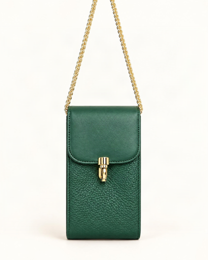 Cowhide Vertical Phone Crossbody Bag — straight-on front view on a warm white background