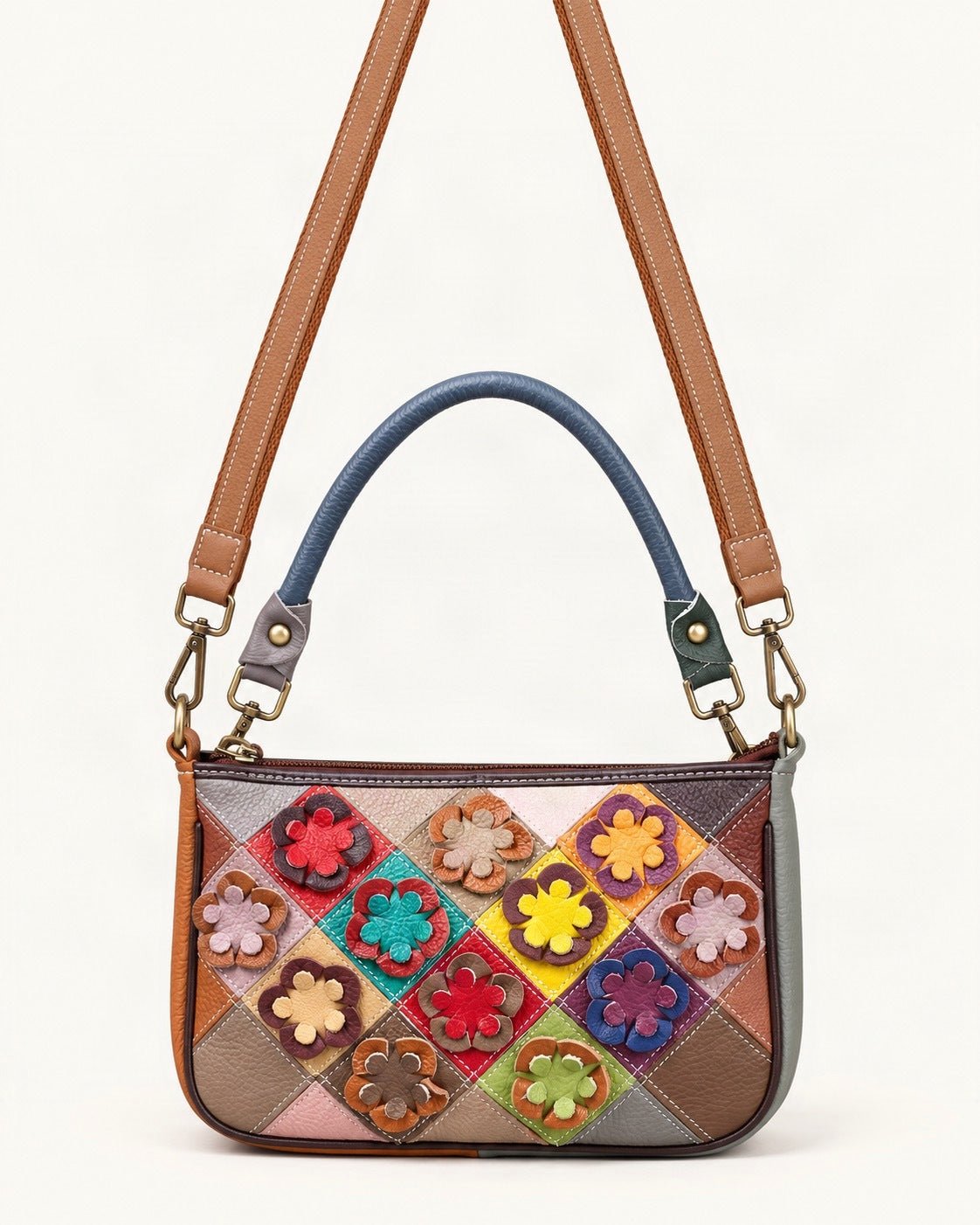 Top-Grain Cowhide Small Crossbody Bag – Random Multicolor — straight-on front view on a warm white background