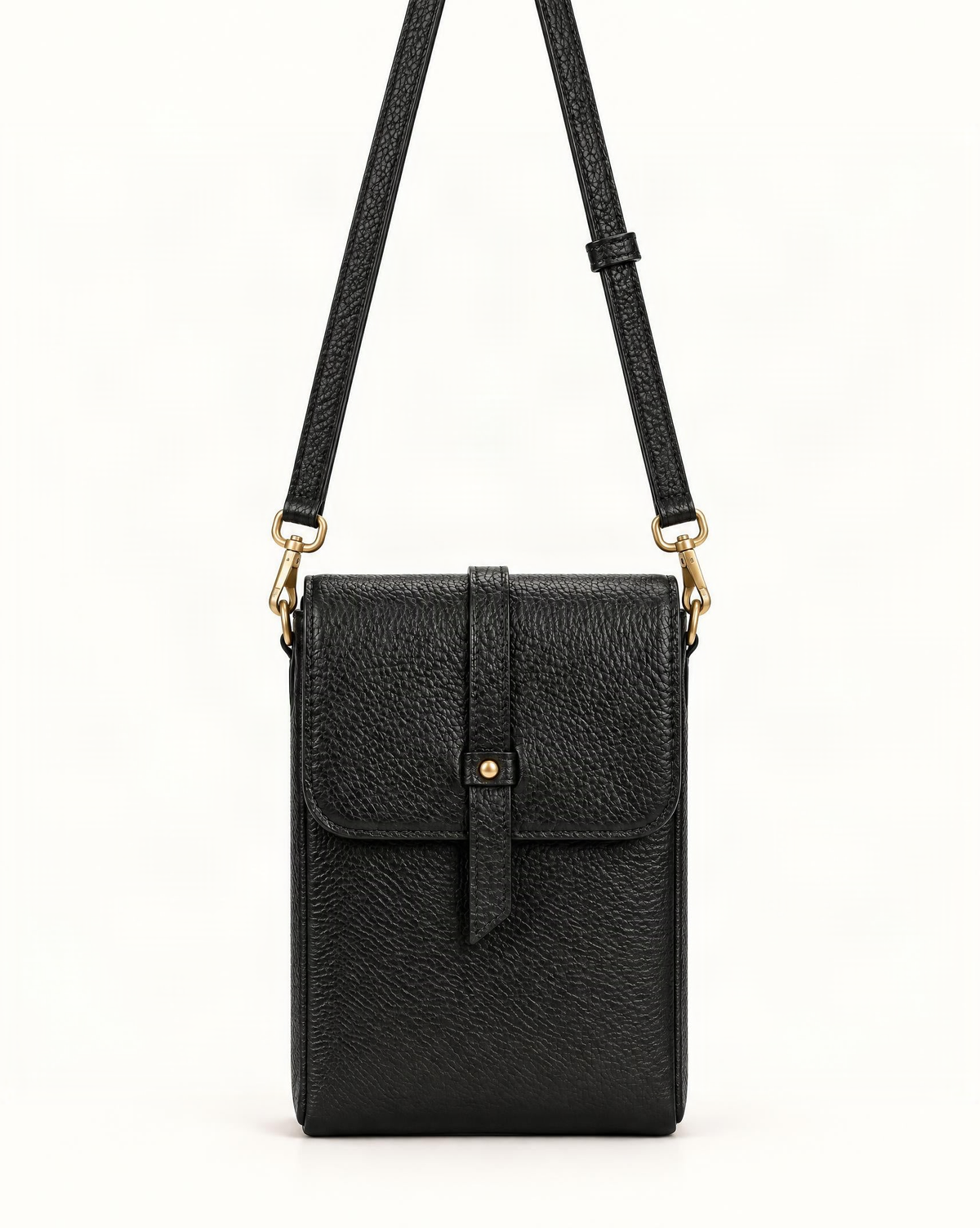 Cowhide Leather Micro Crossbody Phone Bag — straight-on front view on a warm white background