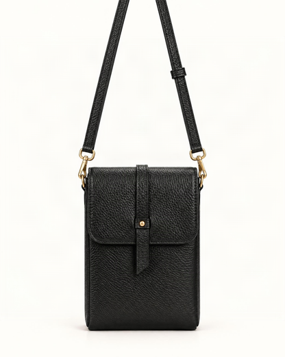 Cowhide Leather Micro Crossbody Phone Bag — straight-on front view on a warm white background