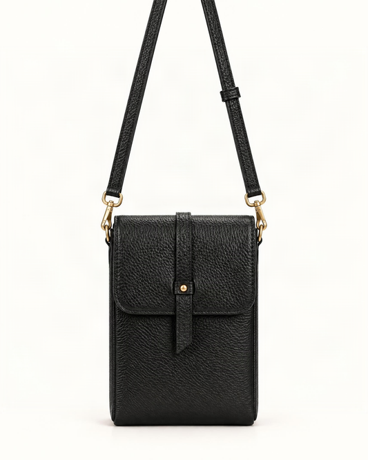 Cowhide Leather Micro Crossbody Phone Bag — straight-on front view on a warm white background