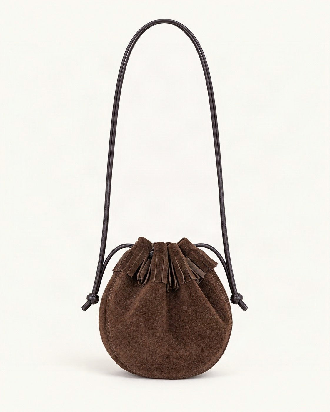 Suede Cowhide Micro Bucket Bag — straight-on front view on a warm white background