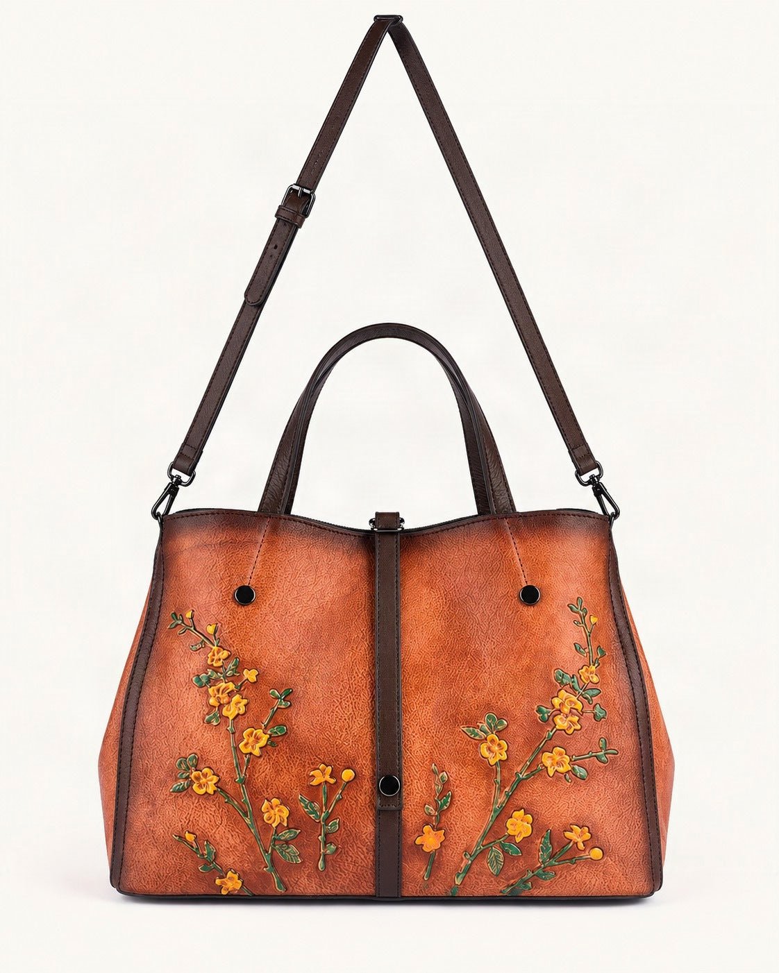 Cowhide Small Tote Bag — straight-on front view on a warm white background