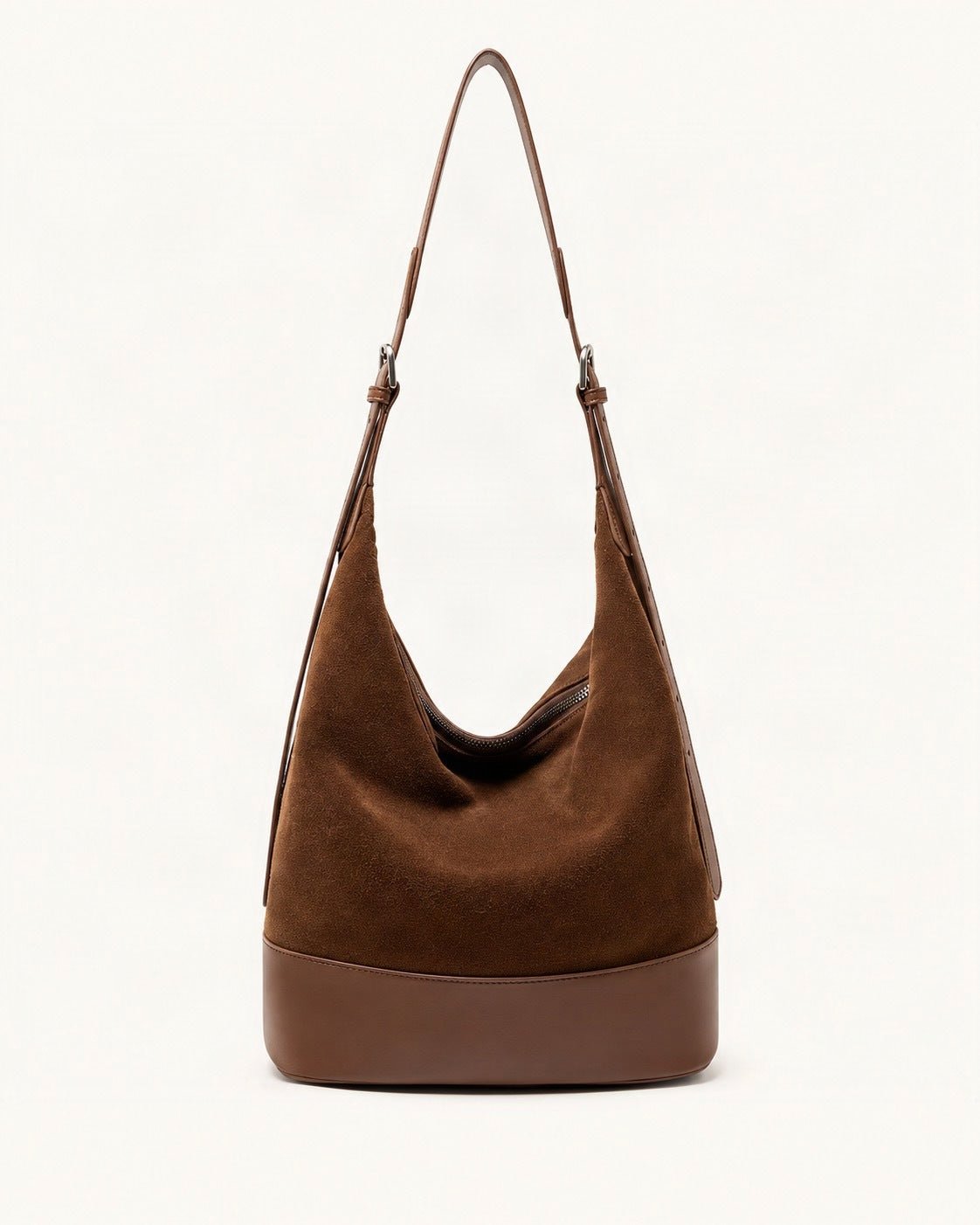 Suede Leather Small Shoulder Bucket Bag — straight-on front view on a warm white background
