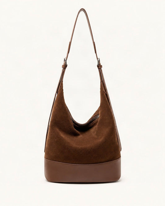 Suede Leather Small Shoulder Bucket Bag — straight-on front view on a warm white background