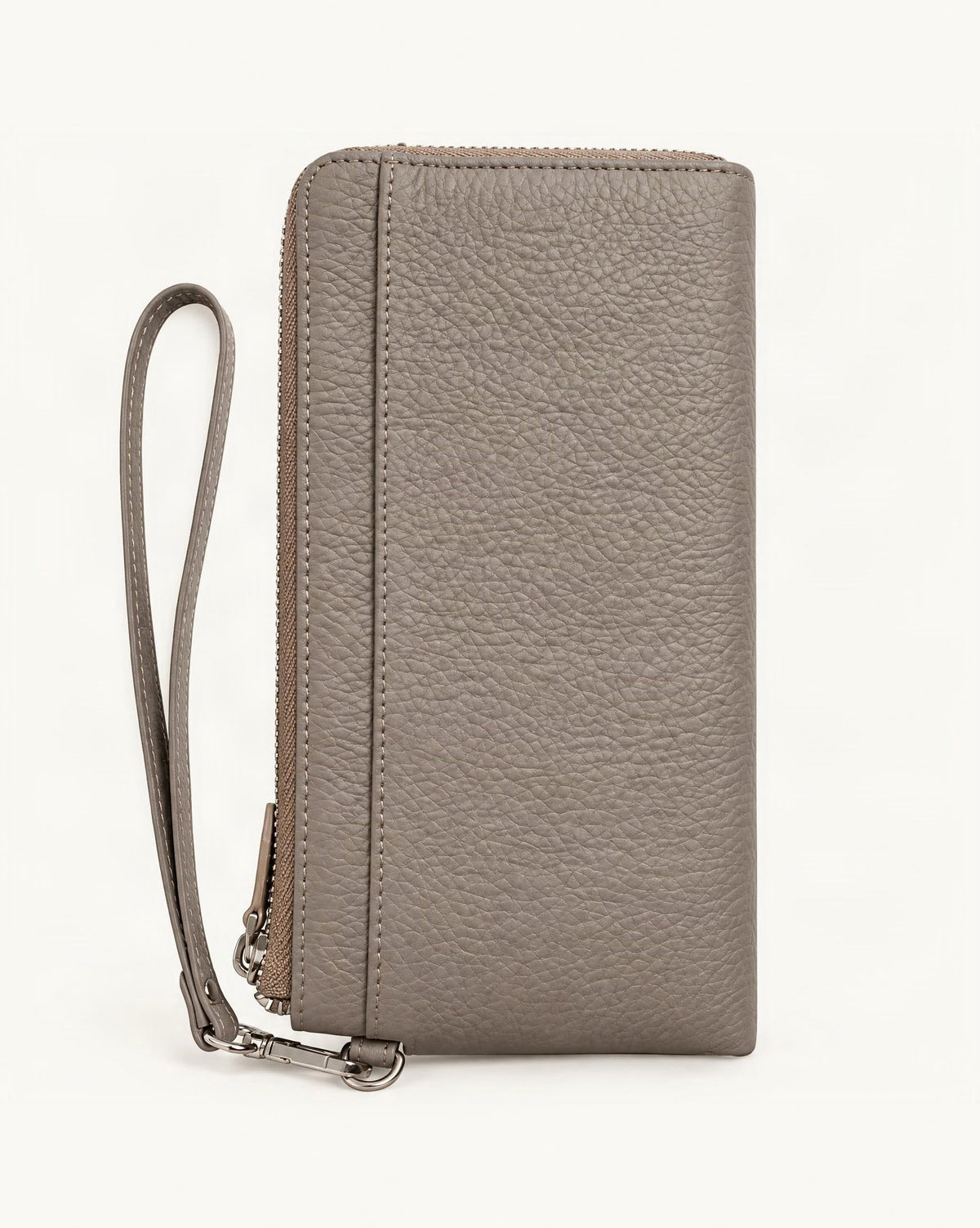 RFID-Blocking Pebbled Cowhide Long Zip Clutch — straight-on front view on a warm white background