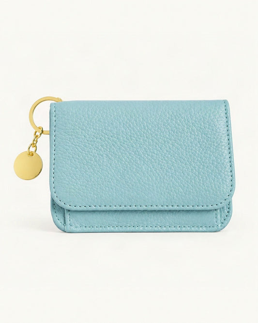 Genuine Leather RFID-Blocking Mini Wallet with Keyring Charm — straight-on front view on a warm white background