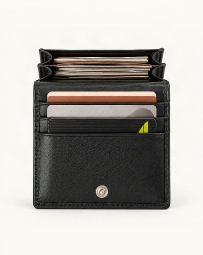 Genuine Leather RFID-Blocking Card Holder Wallet — straight-on front view on a warm white background