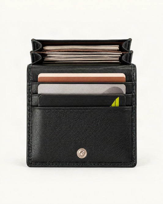 Genuine Leather RFID-Blocking Card Holder Wallet — straight-on front view on a warm white background