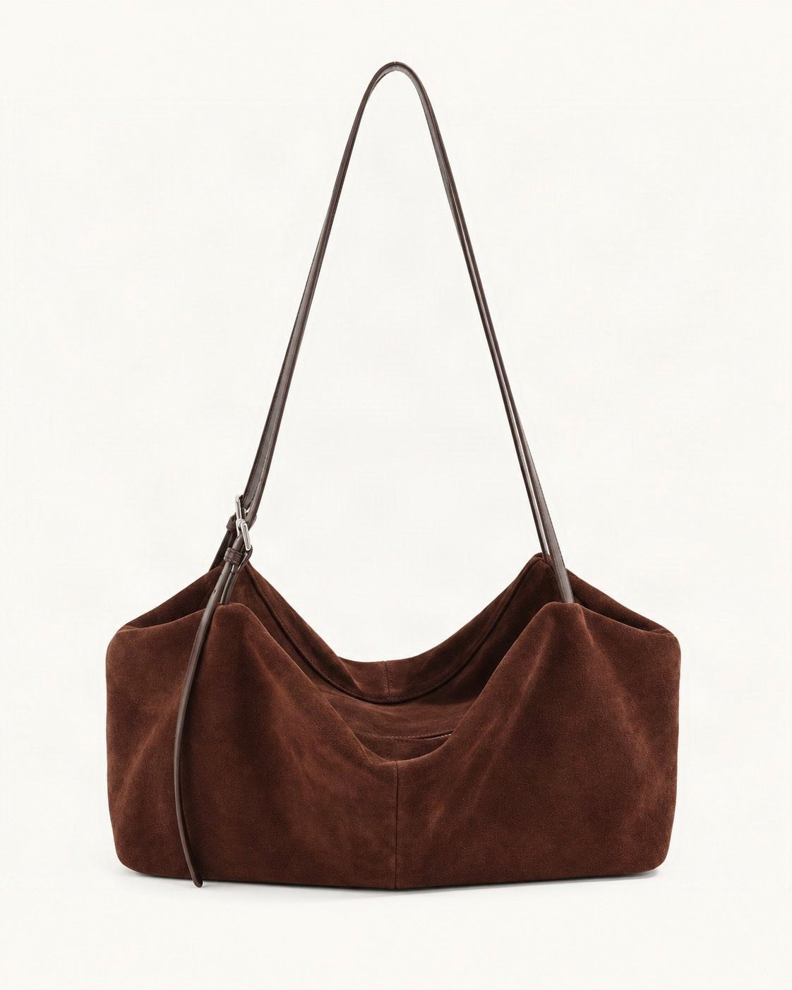 Suede Cowhide Zip Shoulder Tote Bag — straight-on front view on a warm white background