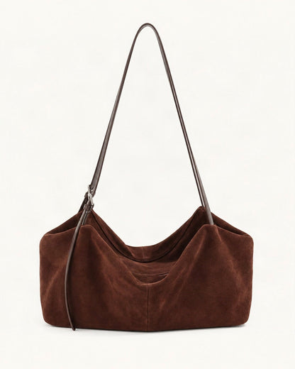 Suede Cowhide Zip Shoulder Tote Bag — straight-on front view on a warm white background