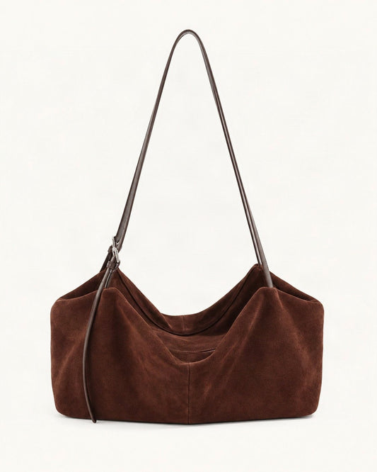 Suede Cowhide Zip Shoulder Tote Bag — straight-on front view on a warm white background