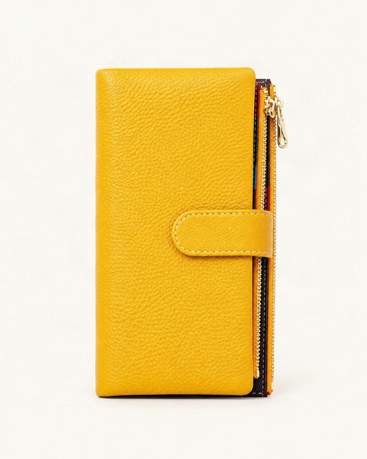 Genuine Leather Long Bifold Wallet — straight-on front view on a warm white background