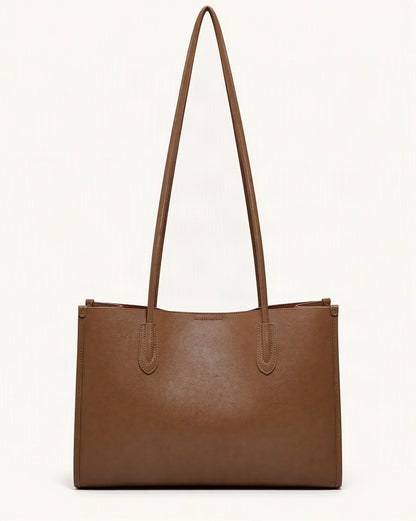 Soft Cowhide Leather Tote Bag, Spacious Shoulder Handbag — straight-on front view on a warm white background