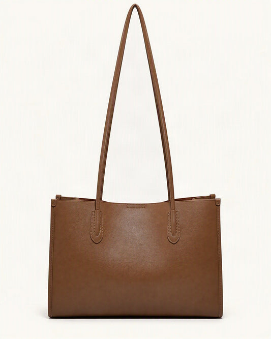 Soft Cowhide Leather Tote Bag, Spacious Shoulder Handbag — straight-on front view on a warm white background