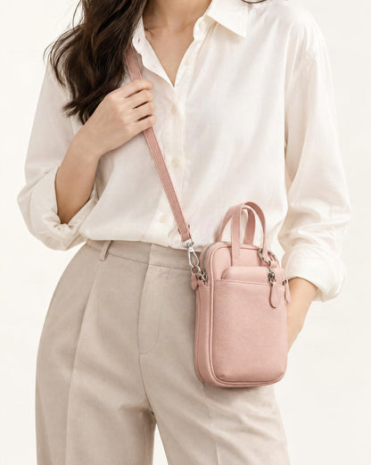 Split Leather Mini Bucket Bag with Pearl Chain worn crossbody