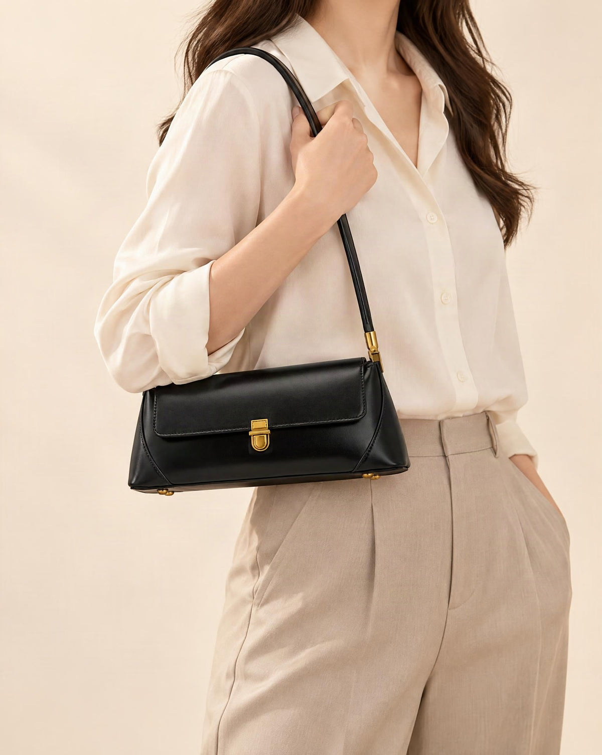Cowhide Leather Baguette Shoulder Bag worn crossbody