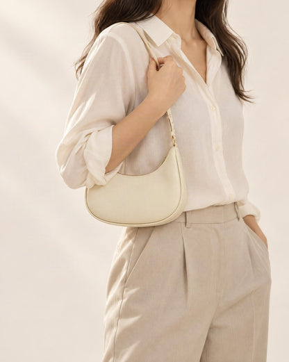 Cowhide Leather Crescent Hobo Shoulder Bag worn crossbody
