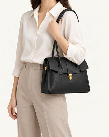 Top-Grain Cowhide Small Plus Satchel Bag worn crossbody
