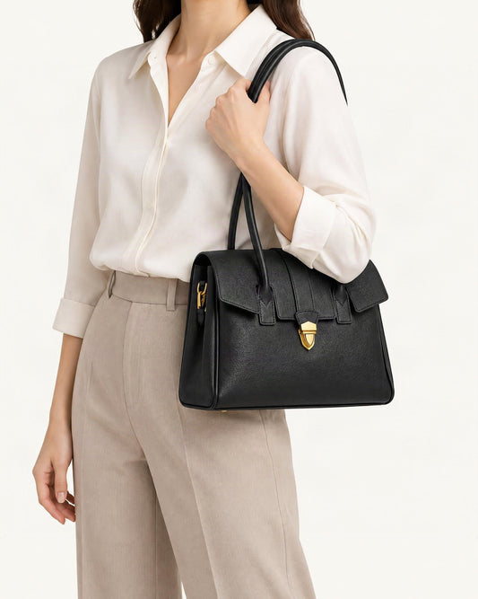 Top-Grain Cowhide Small Plus Satchel Bag worn crossbody