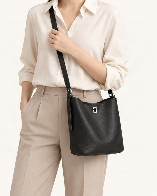 Top-Grain Cowhide Leather Bucket Bag, 7.9 x 9.1 x 4.7 in worn crossbody
