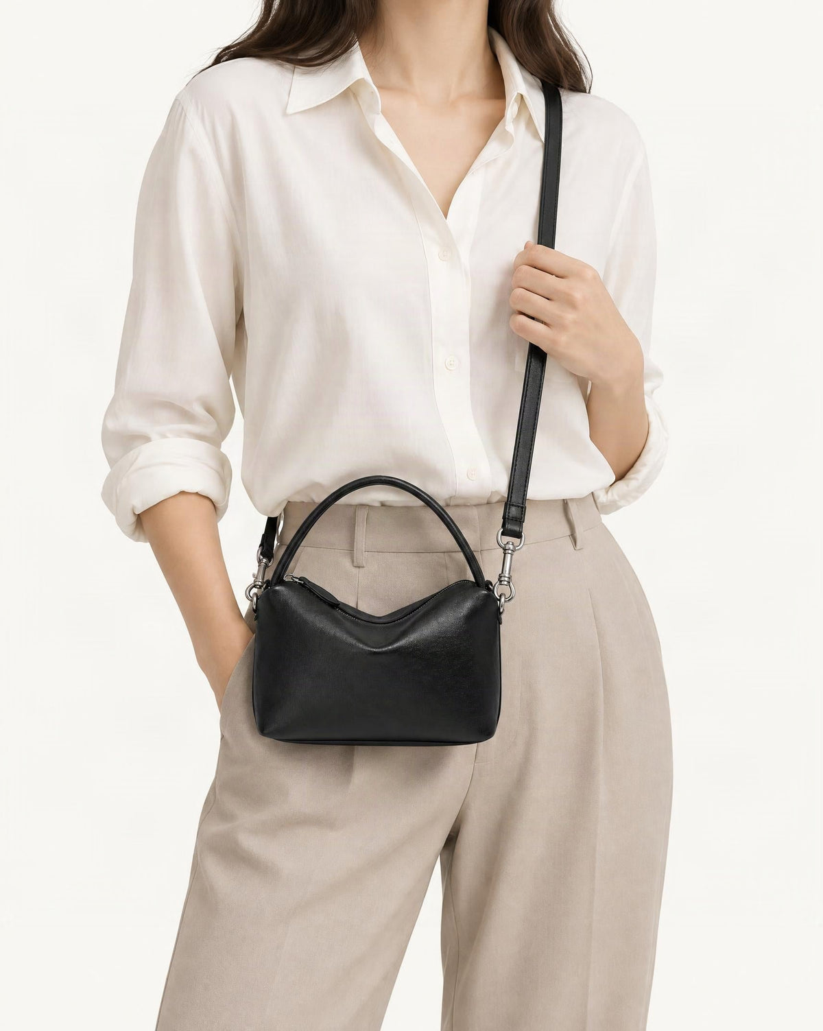 Top-Grain Cowhide Pillow Bag with Detachable Strap worn crossbody
