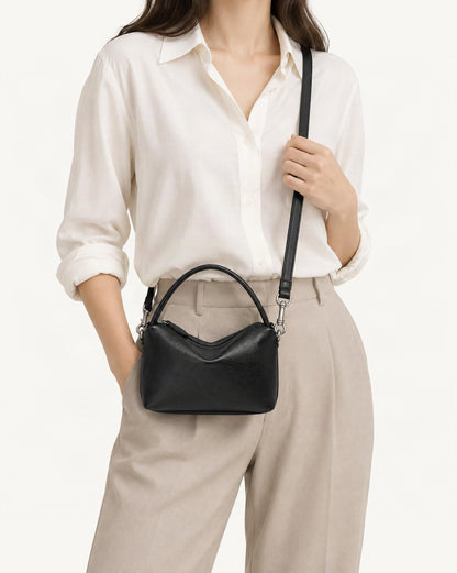 Top-Grain Cowhide Pillow Bag with Detachable Strap worn crossbody