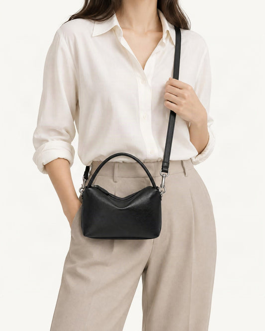 Top-Grain Cowhide Pillow Bag with Detachable Strap worn crossbody