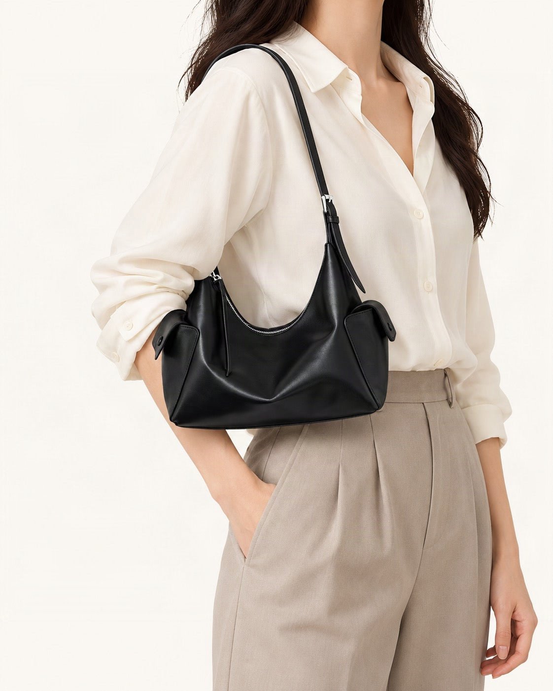 Top-Grain Cowhide Small Plus Shoulder Bag worn on the shoulder