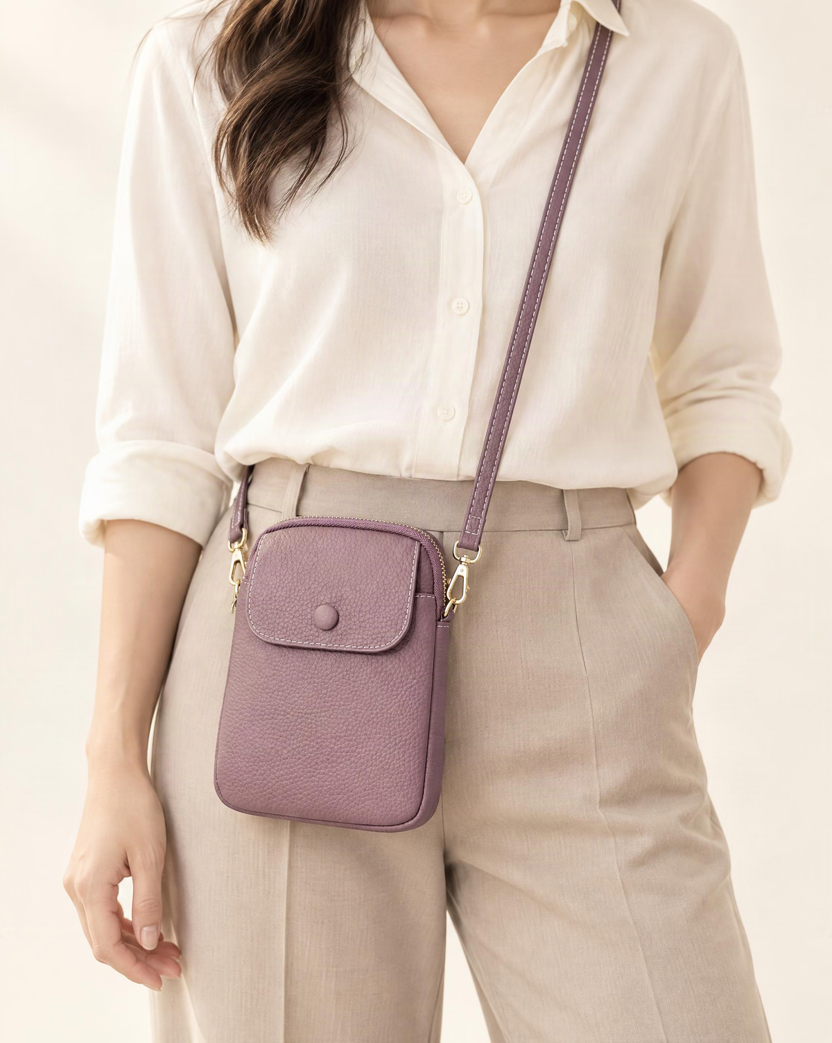 Top-Grain Cowhide Leather Micro Crossbody Phone Bag worn crossbody