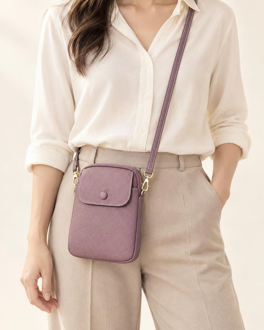 Top-Grain Cowhide Leather Micro Crossbody Phone Bag worn crossbody