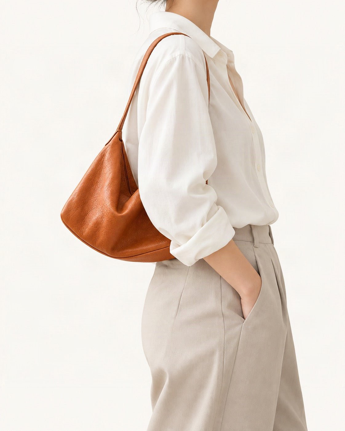 Top-Grain Cowhide Shoulder Hobo Bag worn on the shoulder