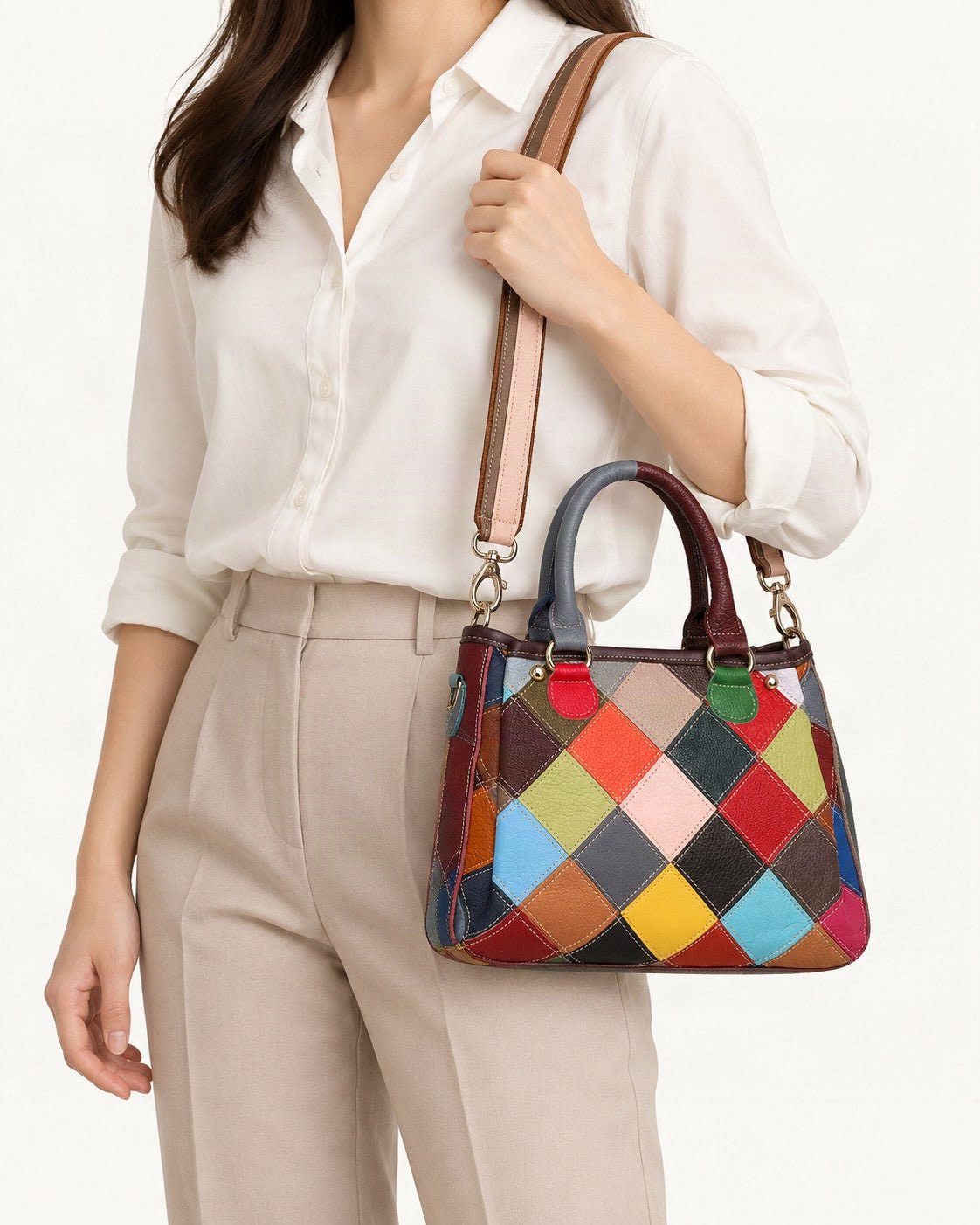 Top-Grain Cowhide Quilted Shoulder Bag worn crossbody