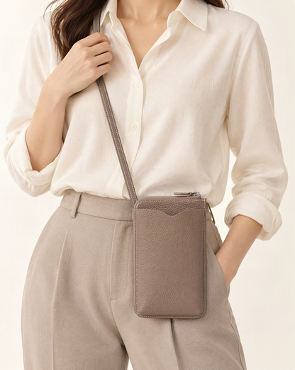 Cowhide Leather Micro Crossbody Phone Bag worn crossbody