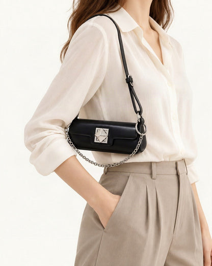 Leather Baguette Shoulder Bag worn on the shoulder
