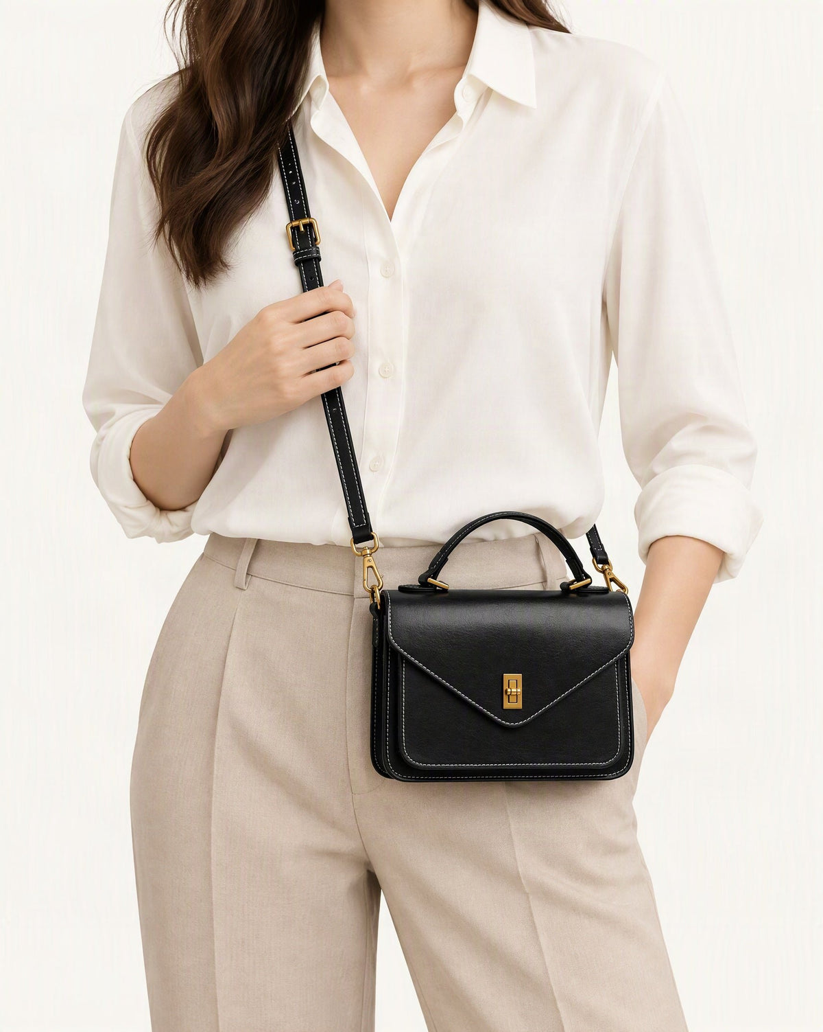 Cowhide Leather Small Messenger Crossbody Bag worn crossbody