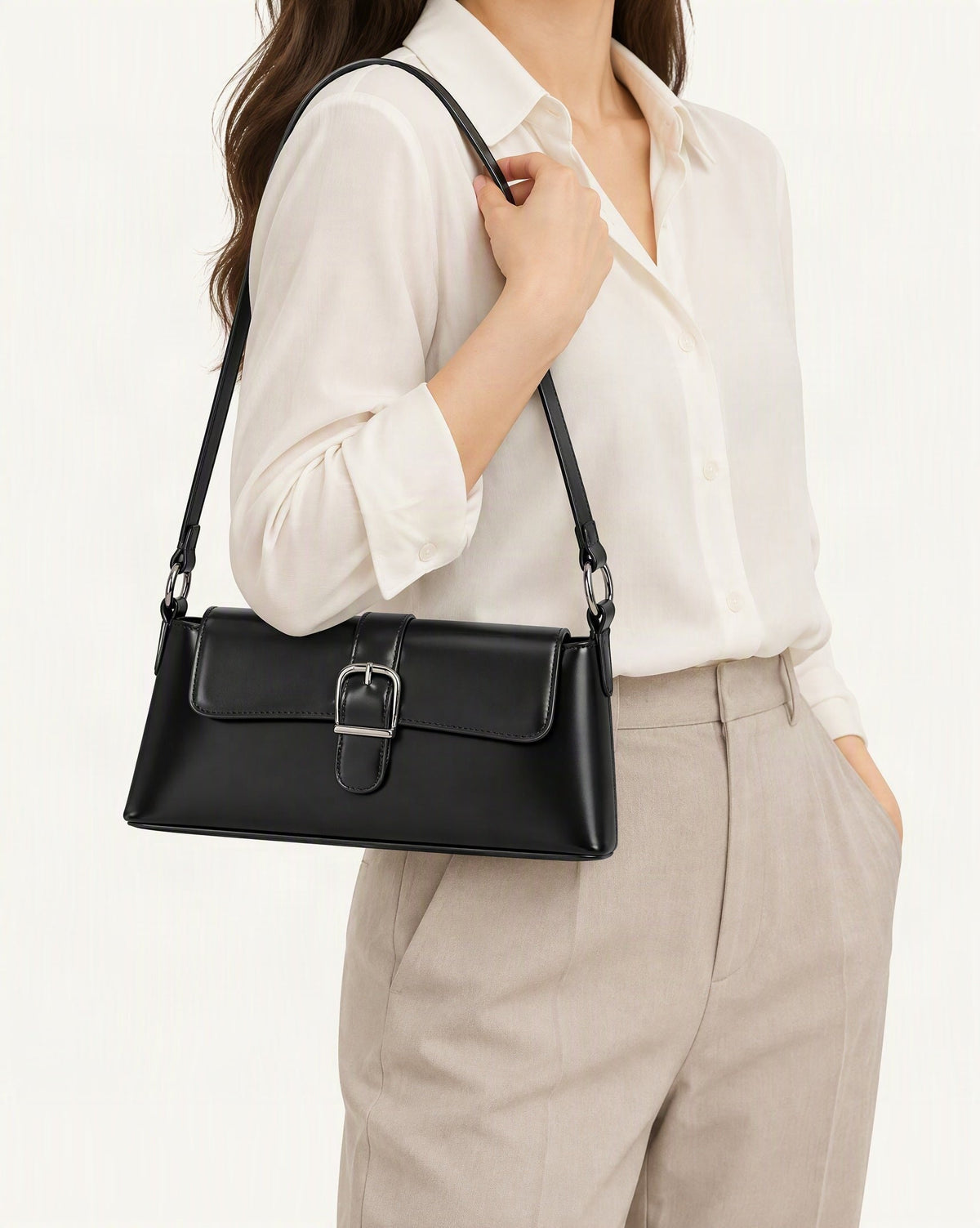 Genuine Leather Baguette Shoulder Bag with Metal Buckle worn crossbody