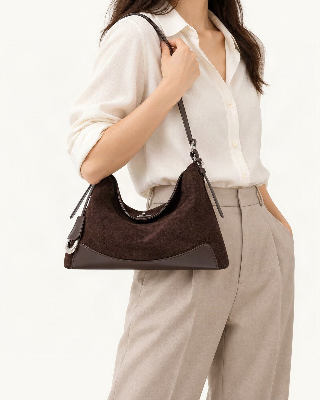Split Suede Shoulder Tote Bag worn on the shoulder
