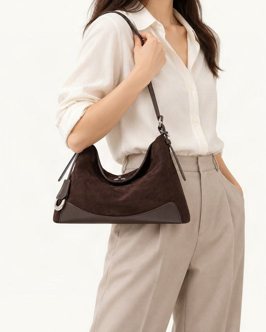 Split Suede Shoulder Tote Bag worn on the shoulder