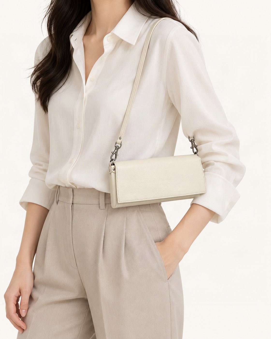 Top-Grain Cowhide Flap Shoulder Bag worn crossbody