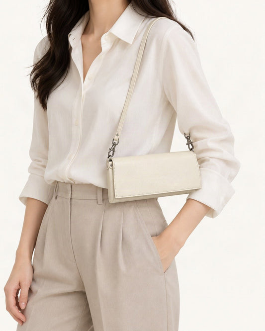 Top-Grain Cowhide Flap Shoulder Bag worn crossbody