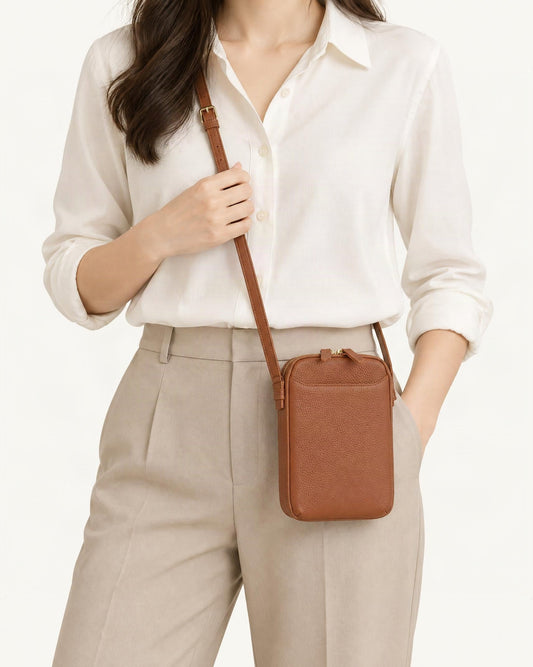Cowhide Vertical Crossbody Phone Bag, Pebbled worn crossbody