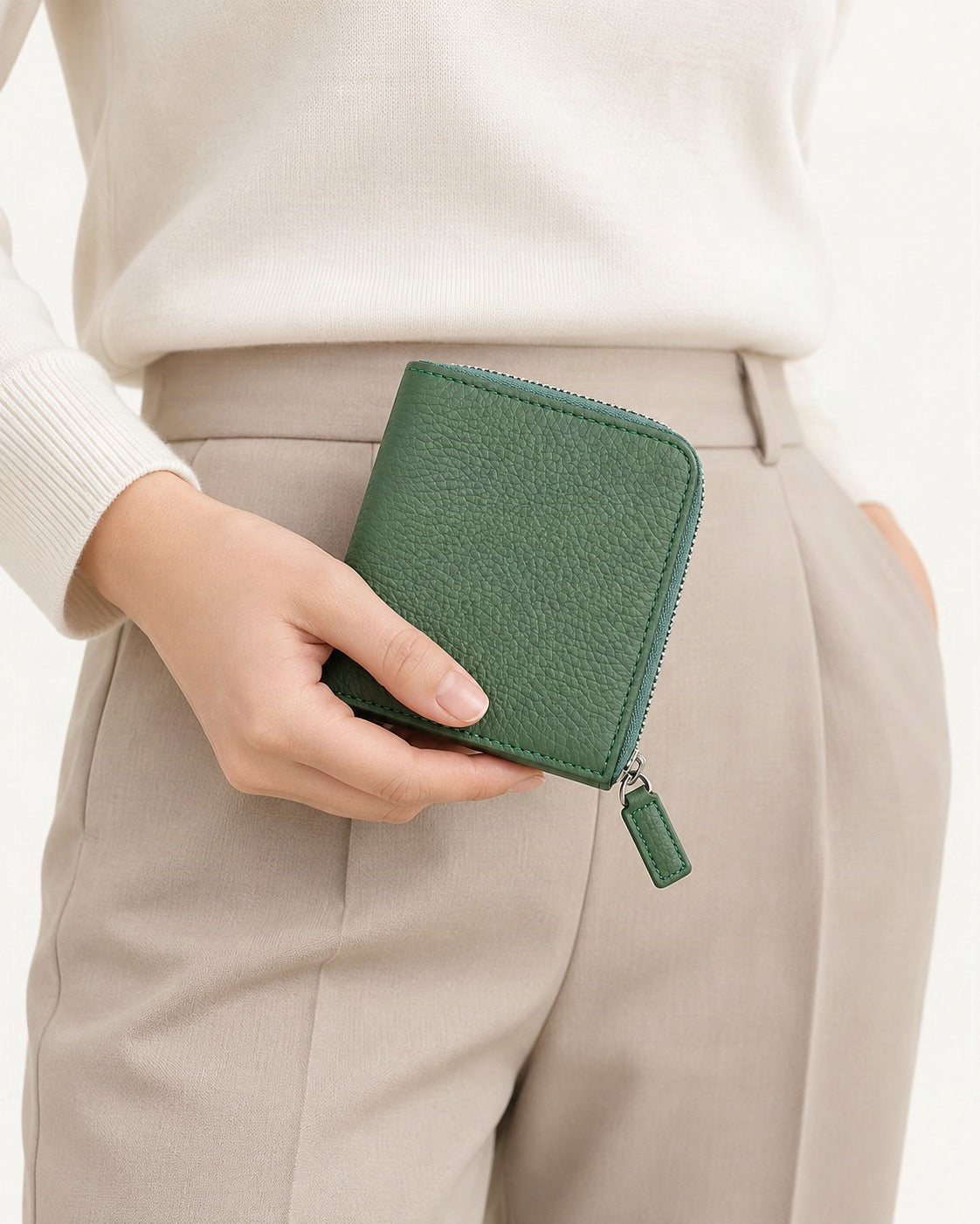Top-Grain Cowhide Zip Wallet with RFID-Blocking Card Slots held in hand by a model